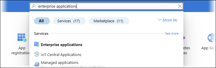 The Azure Portal search bar with "enterprise applications" typed into it
